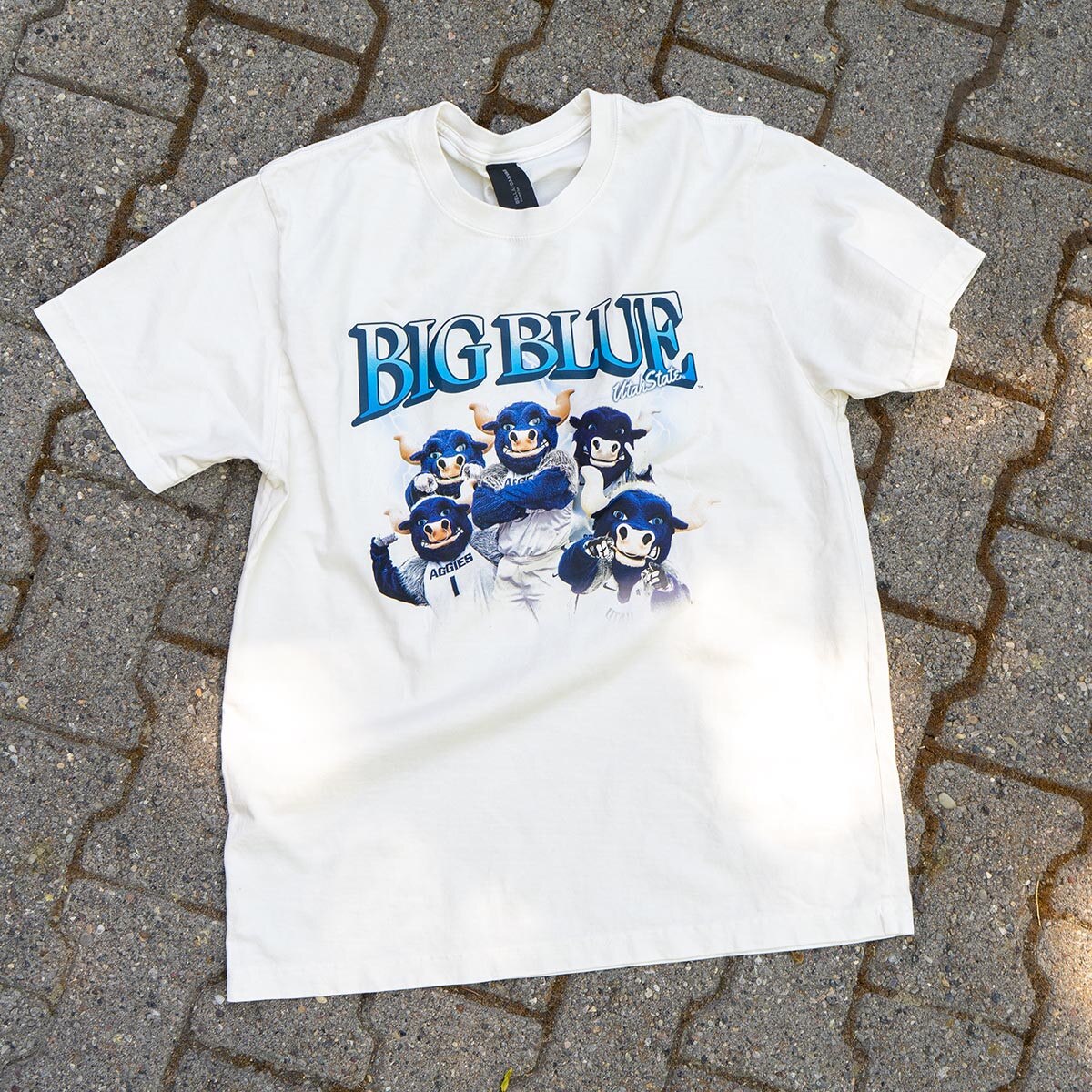 big blue lightning graphic t-shirt in white on cement ground